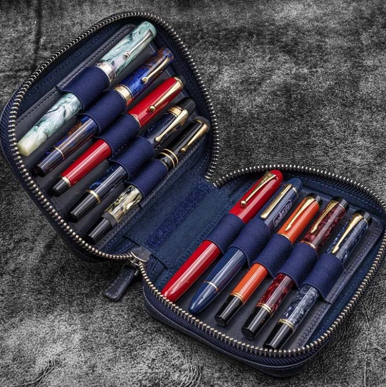 Galen Leather | Funda Expansi-Pouch Leather Wide 10 Slots Pen Case A6 Zip Folio Crazy Horse Navy Blue