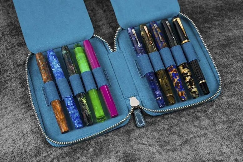 Galen Leather | Funda Leather Zippered 10 Slots Pen Case Crazy Horse Ocean Blue