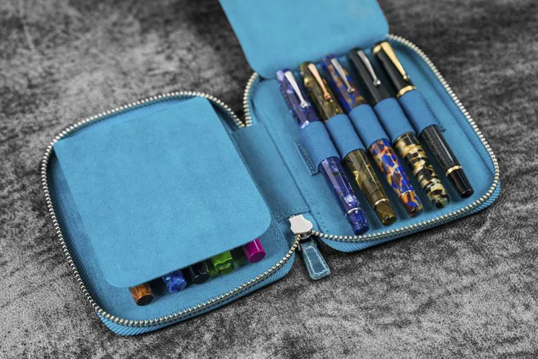 Galen Leather | Funda Leather Zippered 10 Slots Pen Case Crazy Horse Ocean Blue