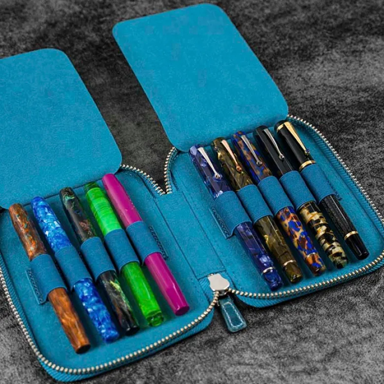 Galen Leather | Funda Leather Zippered 10 Slots Pen Case Crazy Horse Ocean Blue