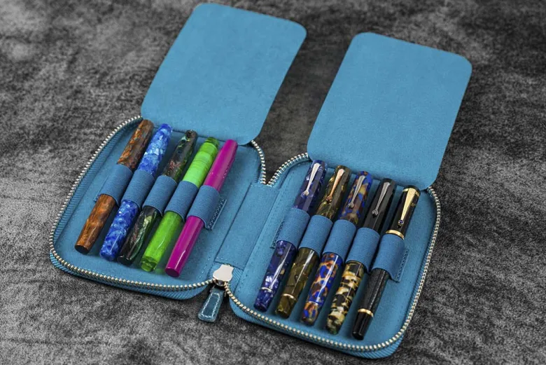 Galen Leather | Funda Leather Zippered 10 Slots Pen Case Crazy Horse Ocean Blue