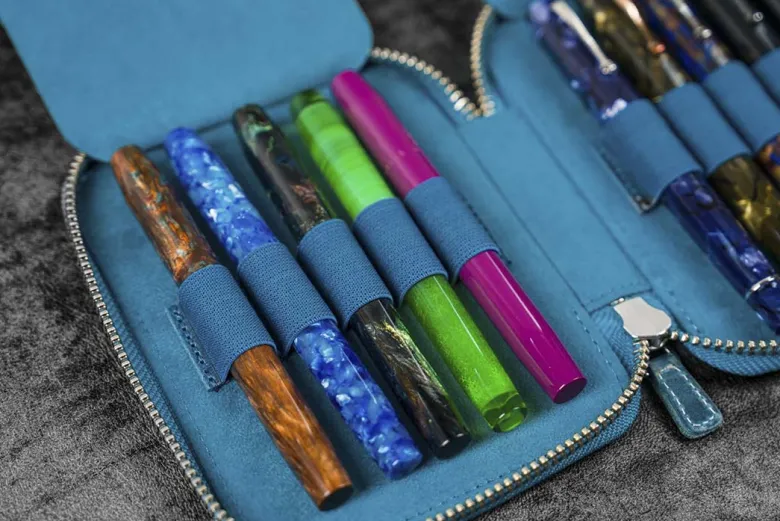 Galen Leather | Funda Leather Zippered 10 Slots Pen Case Crazy Horse Ocean Blue