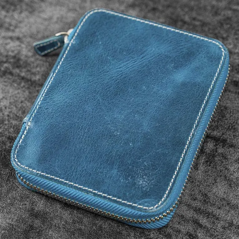 Galen Leather | Funda Leather Zippered 10 Slots Pen Case Crazy Horse Ocean Blue
