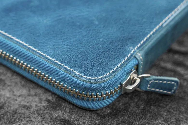 Galen Leather | Funda Leather Zippered 10 Slots Pen Case Crazy Horse Ocean Blue