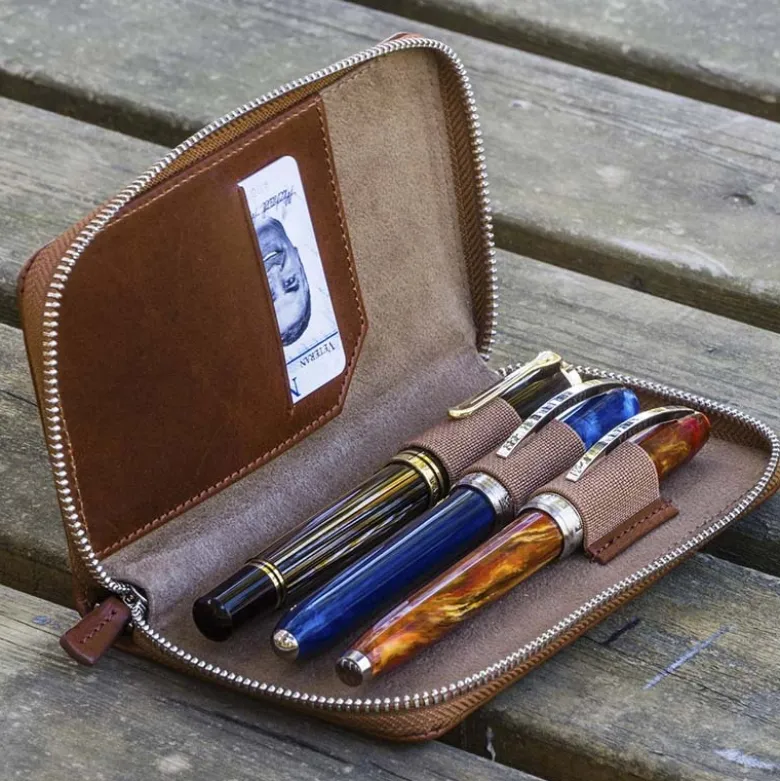 Galen Leather | Funda Leather Zippered 3 Slots Pen Case Brown