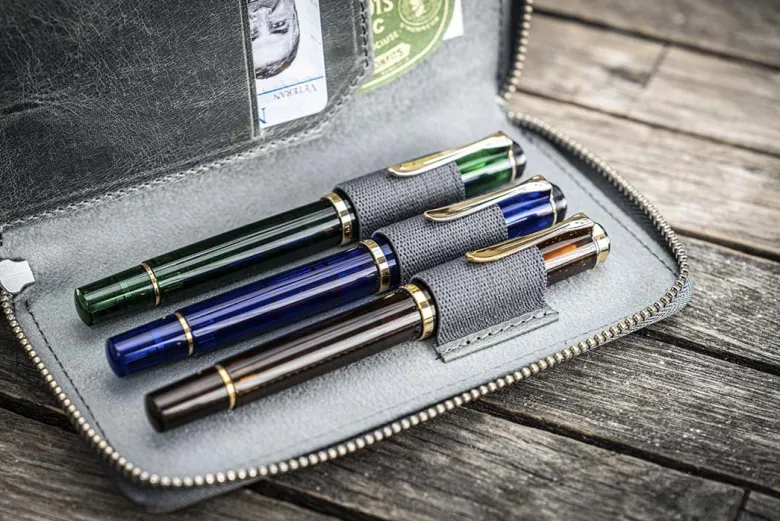 Galen Leather | Funda Leather Zippered 3 Slots Pen Case Crazy Horse Smoky