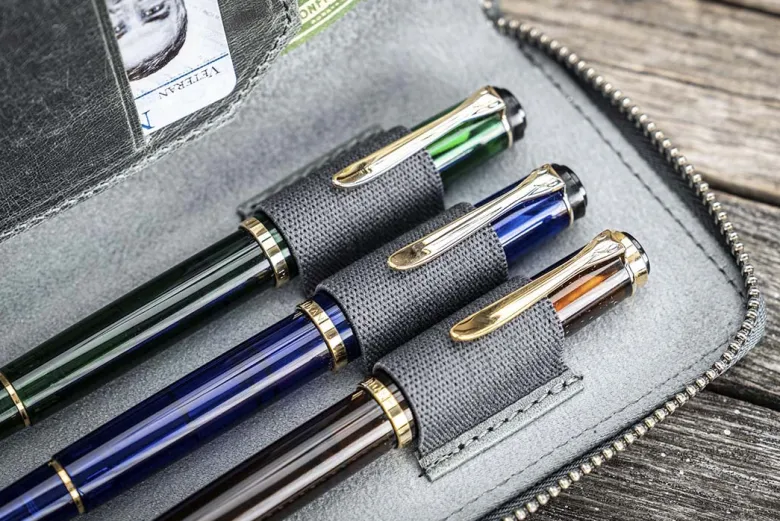 Galen Leather | Funda Leather Zippered 3 Slots Pen Case Crazy Horse Smoky